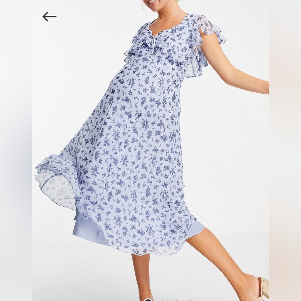 ASOS DESIGN Maternity floral ruffle midi dress, Blue, Size 4